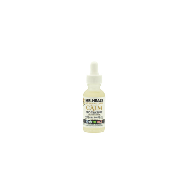 Bottle of Mr. Heals Calm CBD Tincture on a white background
