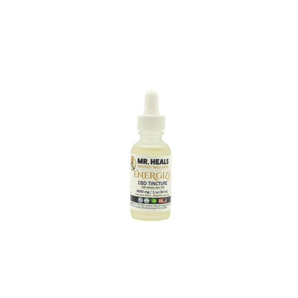CBD tincture bottle labeled 'Mr. Heals' on a white background