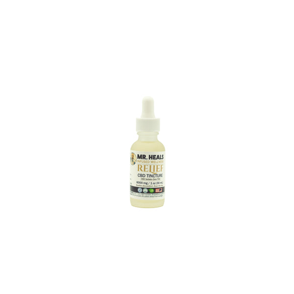 Bottle of Mr. Heals CBD tincture on a white background