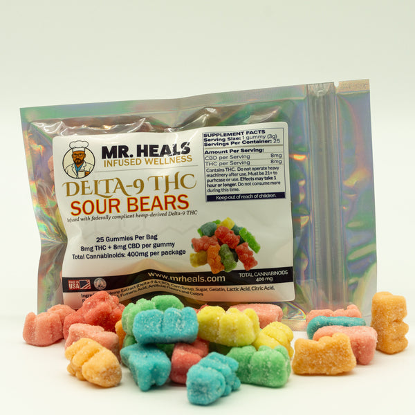 Packaged Mr. Heal's Delta-8 THC Sour Bears with colorful gummy bears on a white background