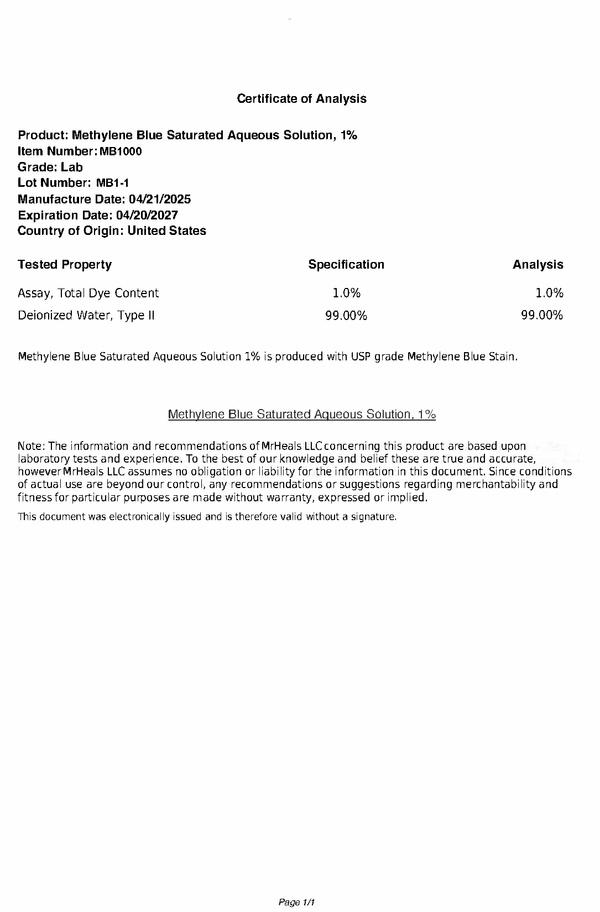 Certificate of Analysis for Methylene Blue Saturated Aqueous Solution, showing test properties and specifications.