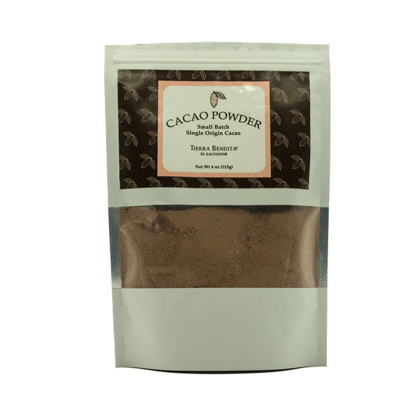 Package of cacao powder with a visible brand label on a white background