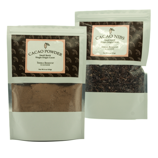 Two packages of cacao powder and cacao nibs on a white background
