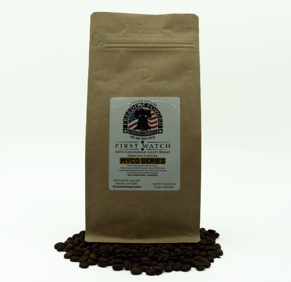 Brown coffee bag with a label on a white background