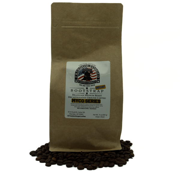 Brown paper coffee bag with a label on a white background