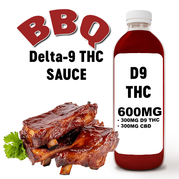 Delta-9 THC BBQ sauce bottle with ribs