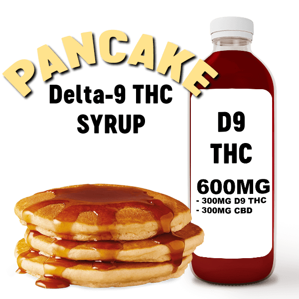 Delta-9 THC pancake syrup bottle with pancakes