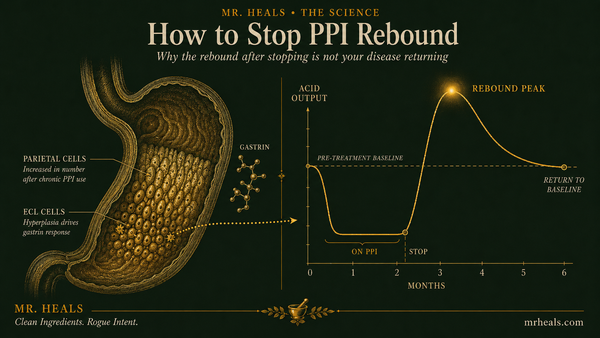 Anatomical illustration of stomach showing parietal cell hyperplasia and a timeline curve depicting acid rebound after stopping PPI medication.  Mr. Heals Journal Article 05.
