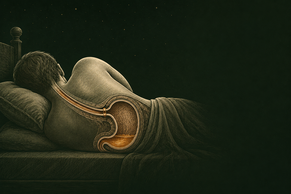 Anatomical illustration of a person sleeping in the left lateral decubitus position, with stomach contents pooled away from the gastroesophageal junction