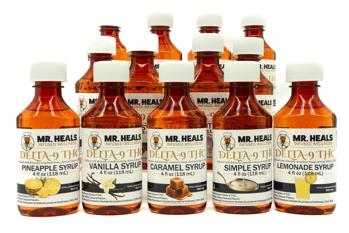 Mr. Heals Delta-9 THC Syrup collection bottles with a white background.
