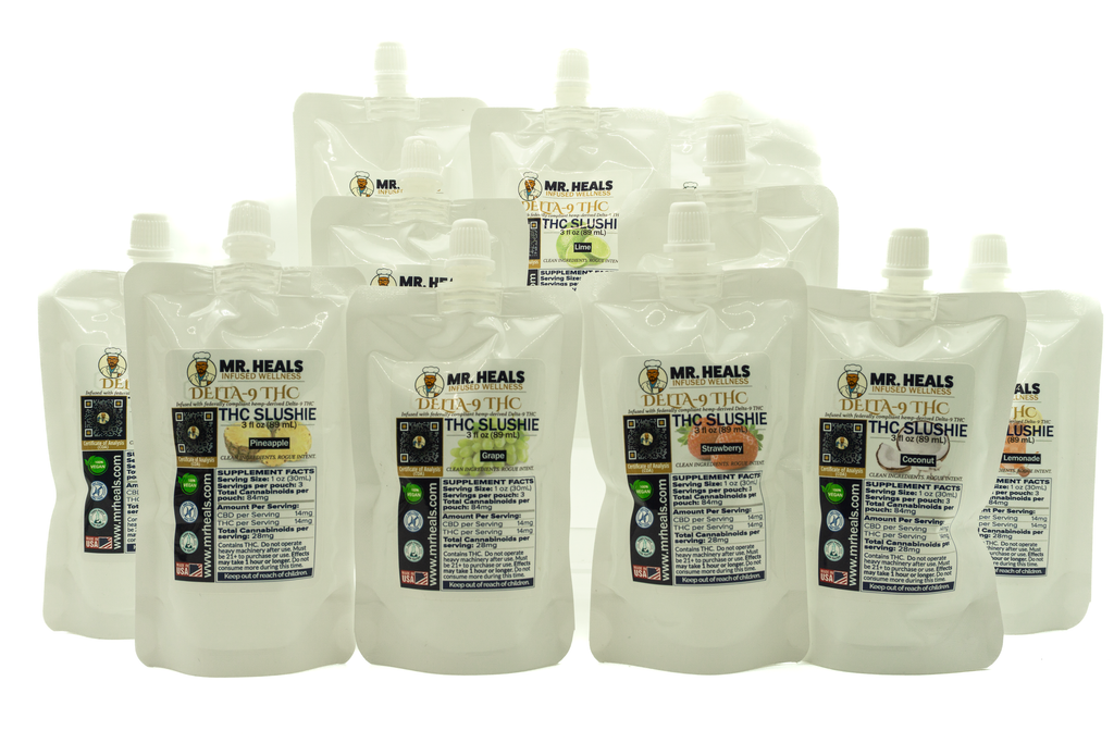 Multiple packages of Mr. Heals THC Slushie on a white background