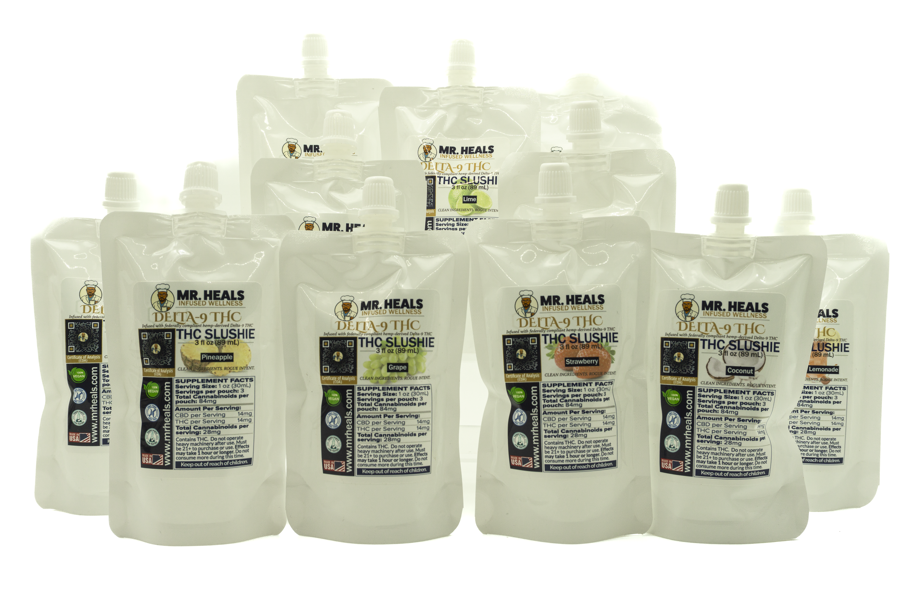 Multiple packages of Mr. Heals THC Slushie on a white background