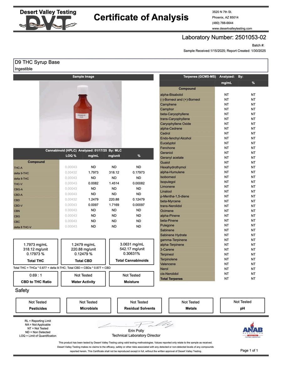 Certificate of Analysis for a D4 THC Syrup Base with laboratory details and test results.