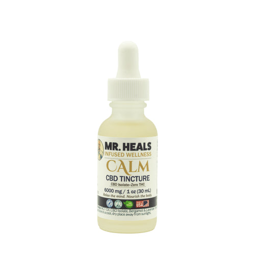 CBD tincture bottle labeled 'Mr. Heals Calm' on a white background