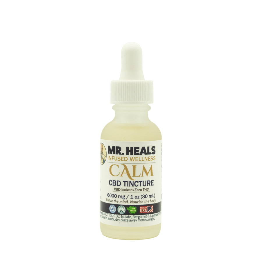 CBD tincture bottle labeled 'Mr. Heals Calm' on a white background
