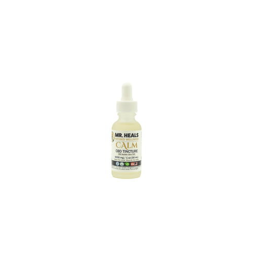 Bottle of Mr. Heals Calm CBD Tincture on a white background