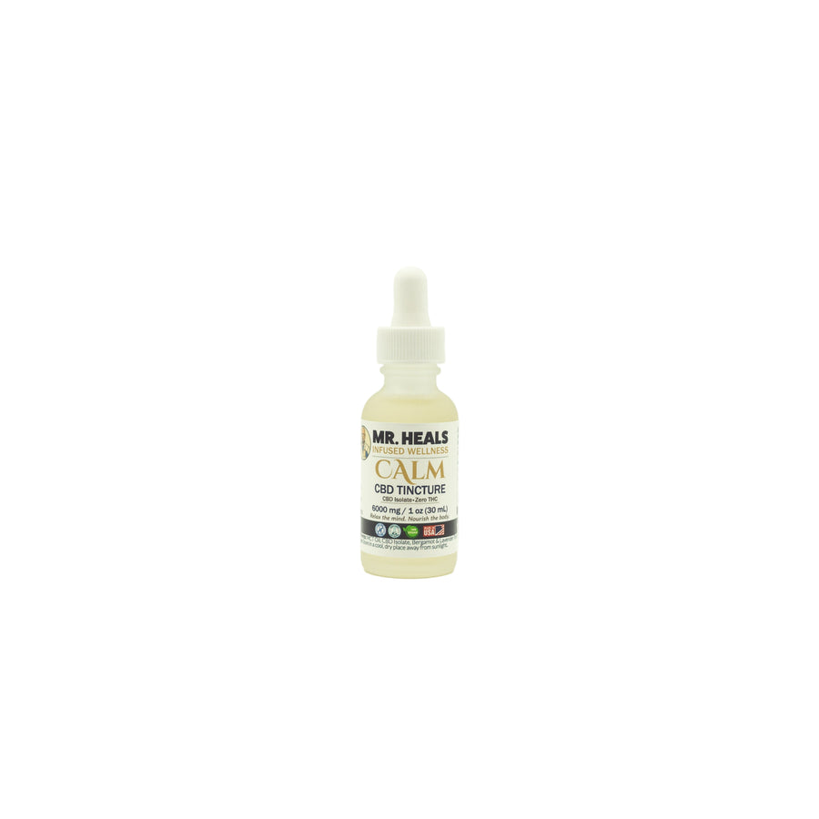 Bottle of Mr. Heals Calm CBD Tincture on a white background