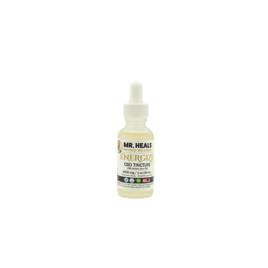 CBD tincture bottle labeled 'Mr. Heals' on a white background