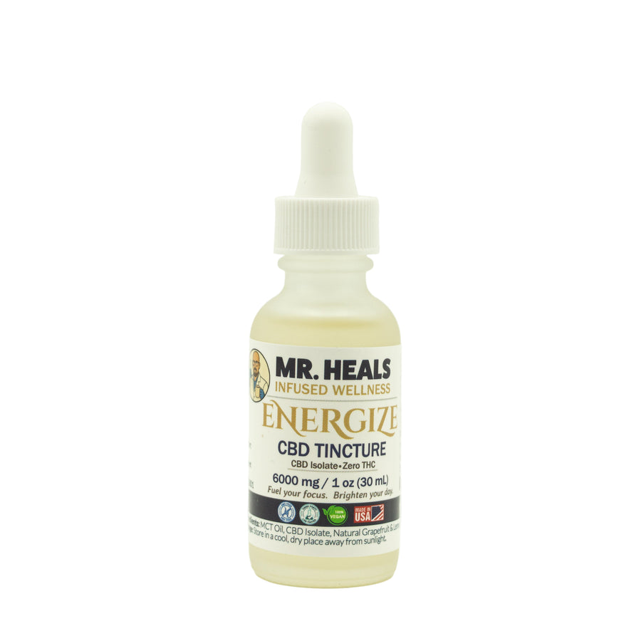 CBD tincture bottle labeled 'Mr. Heals' on a white background
