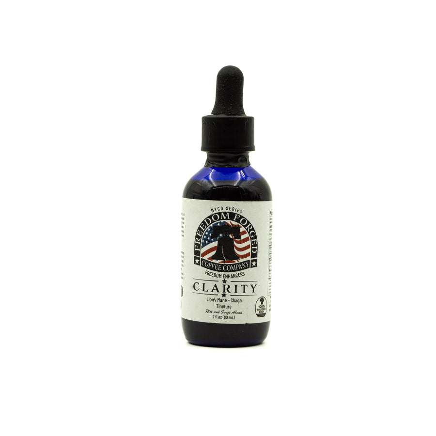 Bottle of 'Clarity' mushroom tincture with a blue dropper on a white background