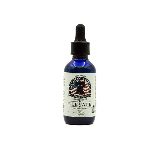 Bottle of 'Elevate' with a dropper on a white background