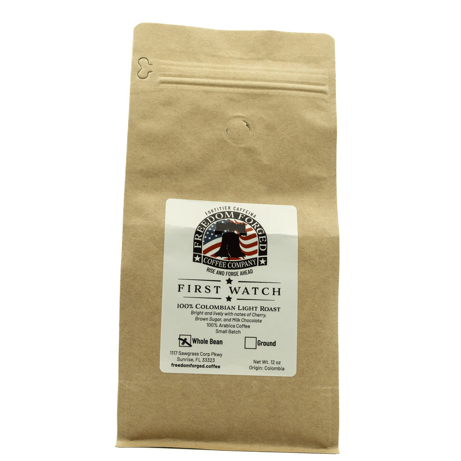 Kraft paper coffee bag with a label on a white background