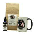 Coffee package with a mug and bottle labeled 'Freedom Forged Coffee Company' on a white background