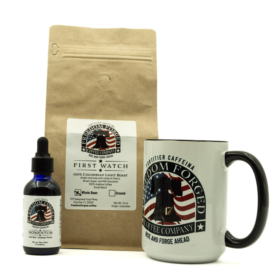 Coffee package with a mug and bottle labeled 'Freedom Forged Coffee Company' on a white background