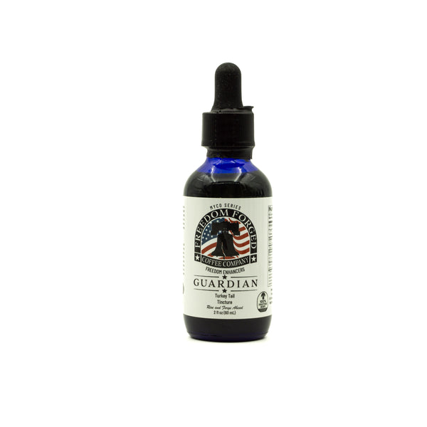 Bottle of 'Guardian' mushroom extract with a dropper on a white background