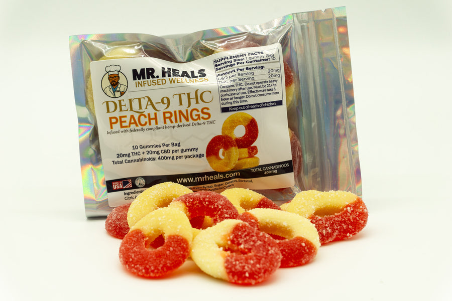 MR. HEALS Delta-9 THC Peach Rings packaging with gummy peach rings on a white background