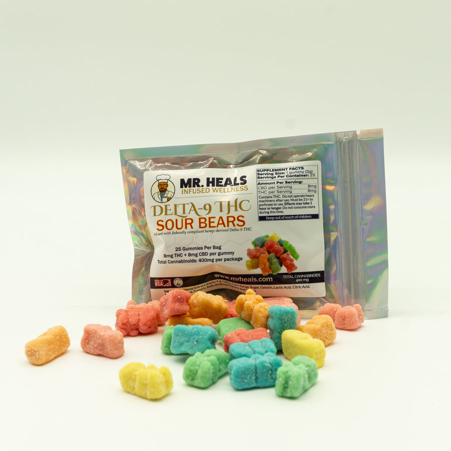 MR. HEALS Delta-9 THC Sour Bears packaging with gummy bears on a white background