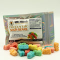 Packaged Mr. Heal's Delta-8 THC Sour Bears with colorful gummy bears on a white background