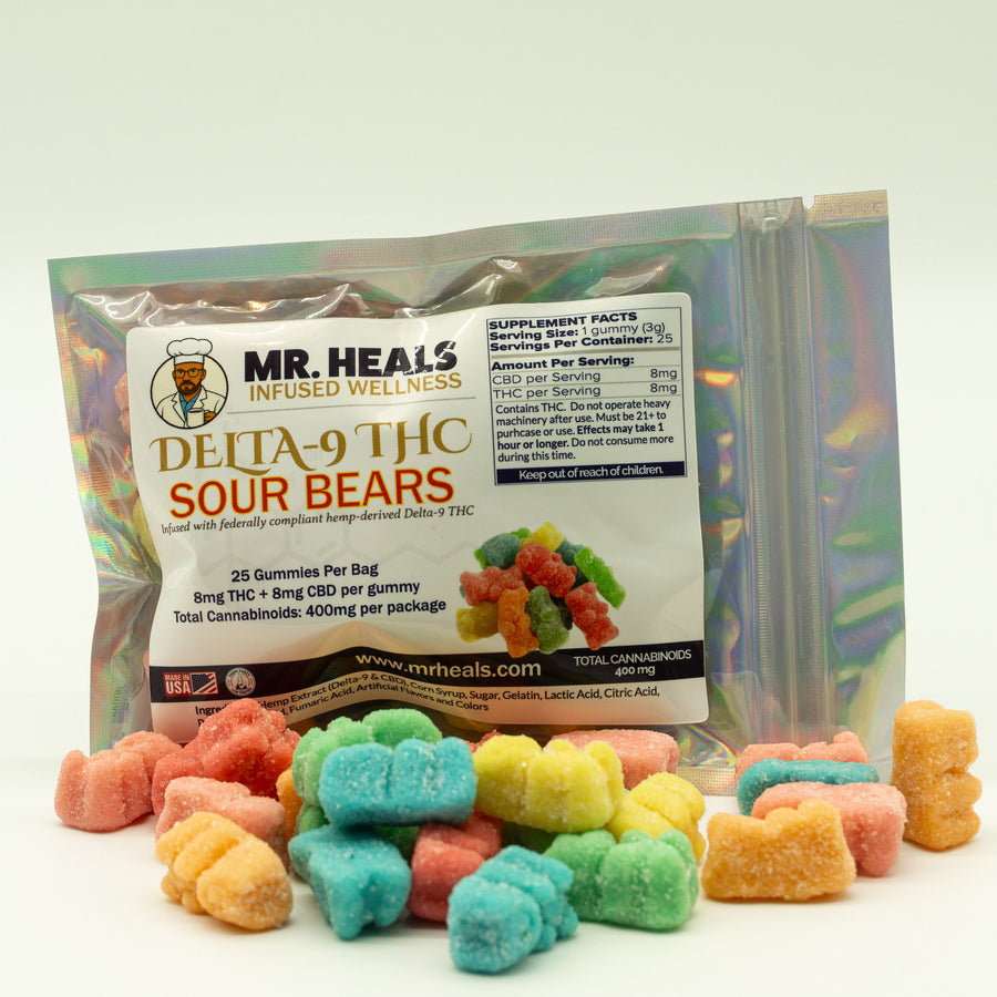 Packaged Mr. Heal's Delta-8 THC Sour Bears with colorful gummy bears on a white background