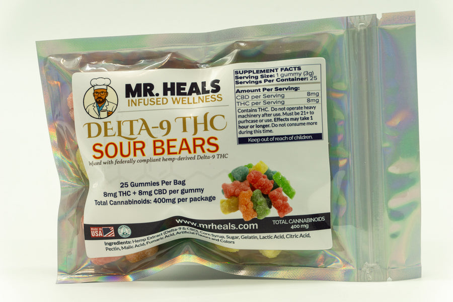 Packaged gummies with a label for Mr. Heals Delta-9 THC Sour Bears on a white background.