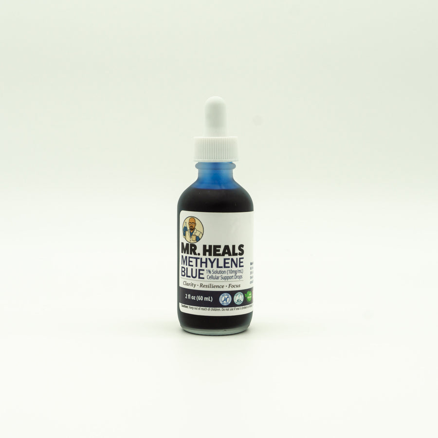 Bottle of Mr. Heals Methylene Blue on a white background