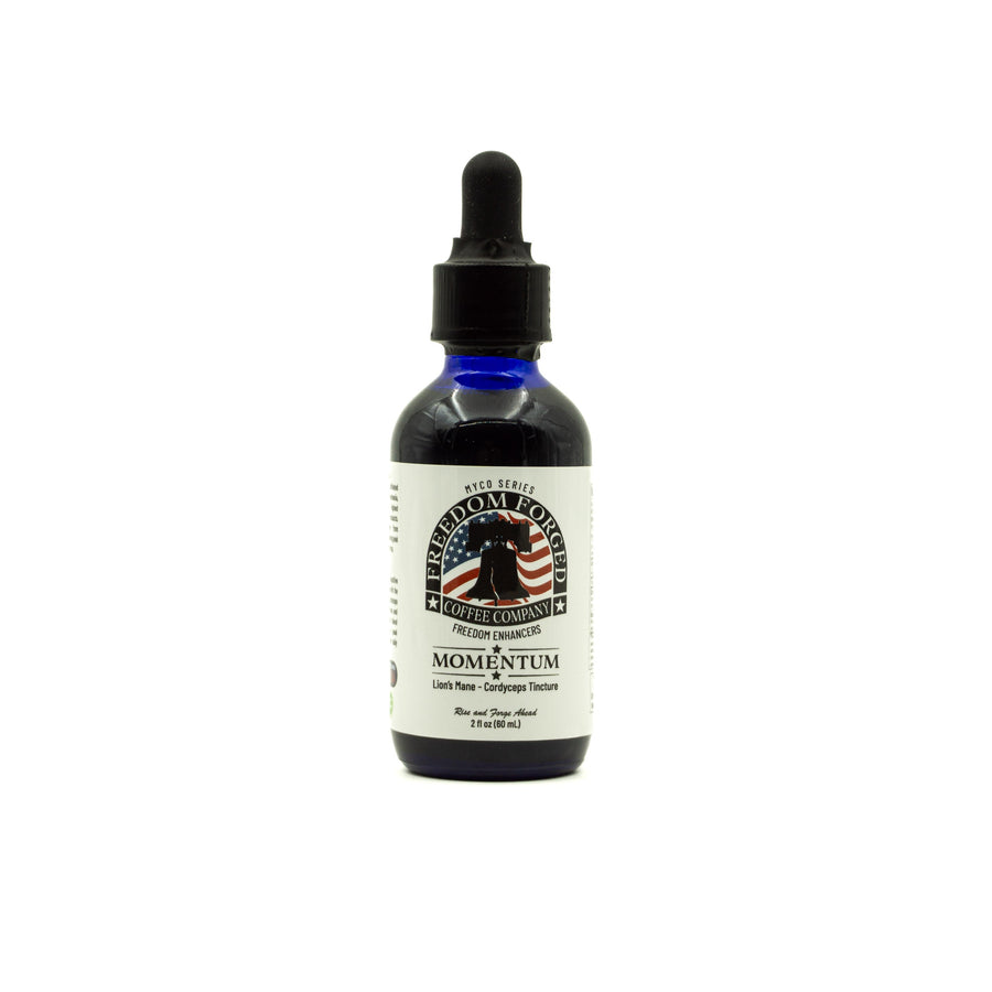 Bottle of Momentum mushroom tincture  with a dropper on a white background