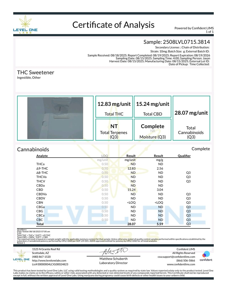 Certificate of Analysis for THC Sweetener with Level One branding.