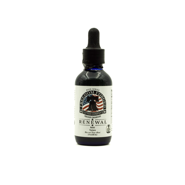 Bottle of 'Renewal' mushroom tincture with a dropper on a white background