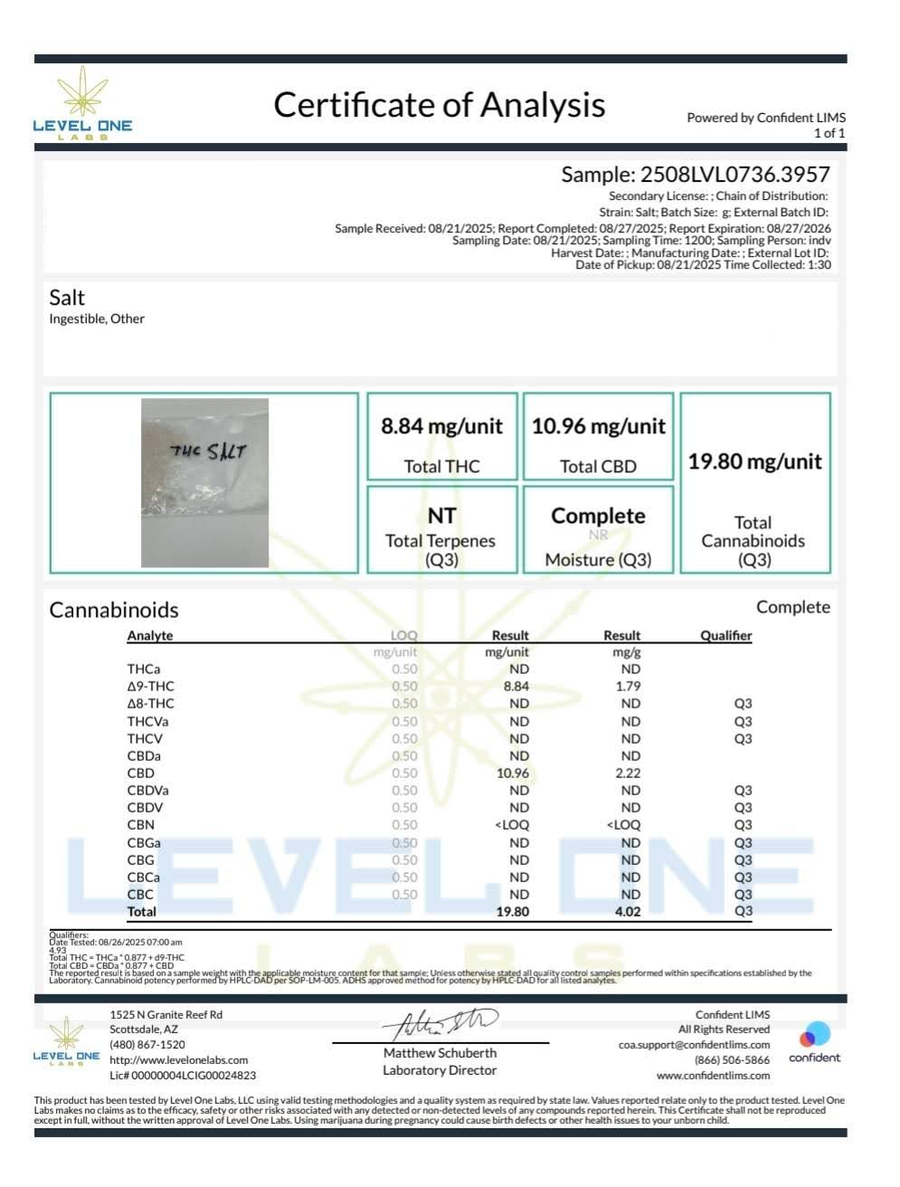 Certificate of Analysis for a product labeled 'Salt' with Level One branding.
