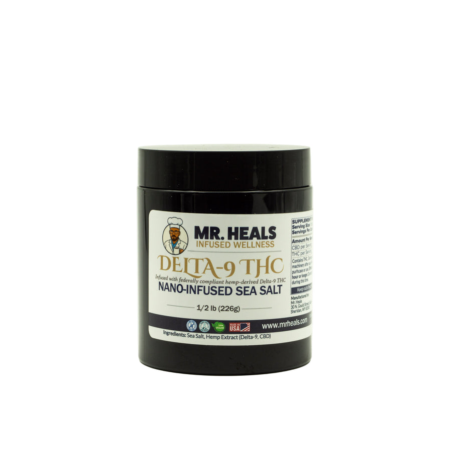 Jar of Mr. Heals Delta-9 THC Nano-Infused Sea Salt on a white background