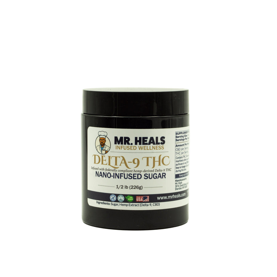 Jar of Mr. Heals Delta-9 THC Nano-Infused Sugar on a white background