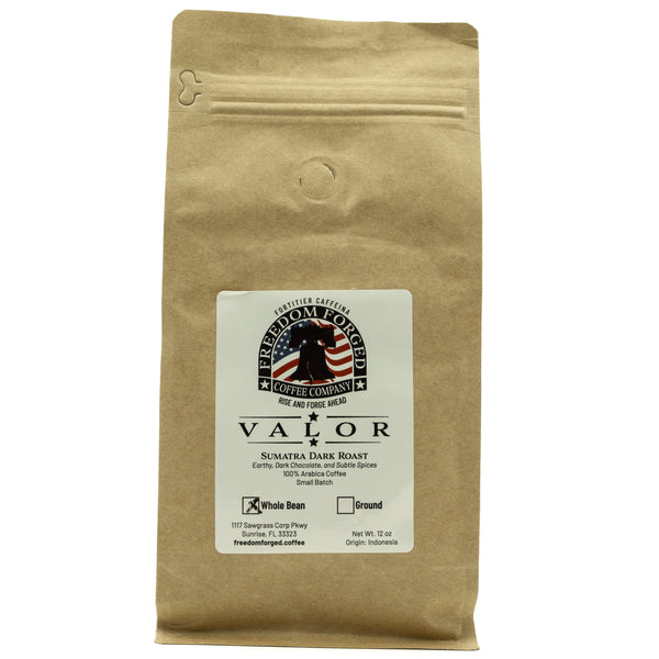 Kraft paper coffee bag with 'Valor' label on a white background