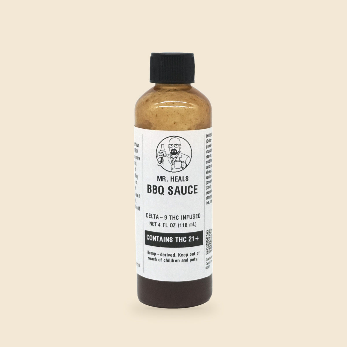 Mr. Heals Delta-9 THC BBQ Sauce, 4 fl oz bottle on parchment background