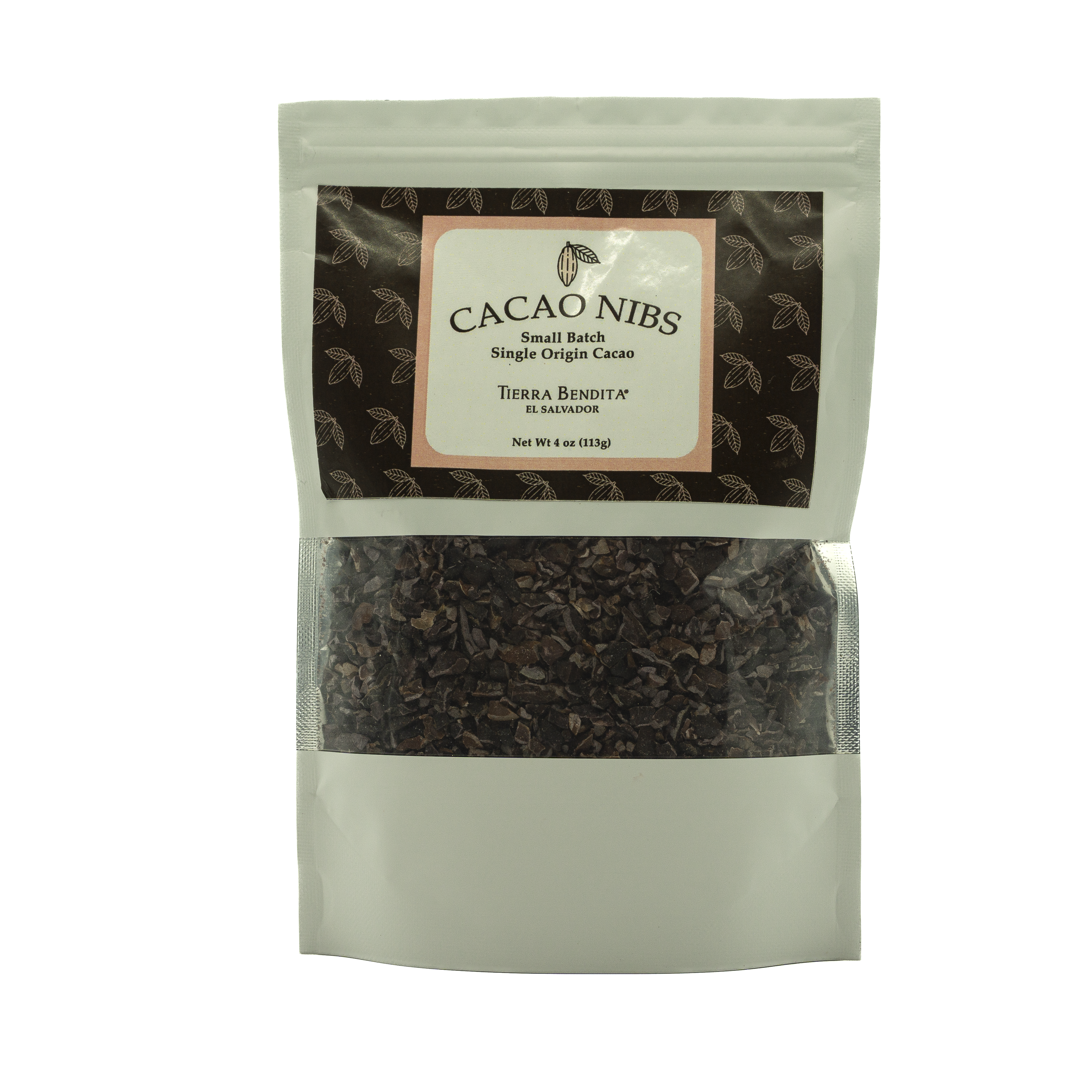 Bag of Cacao Nibs with a visible brand label on a white background