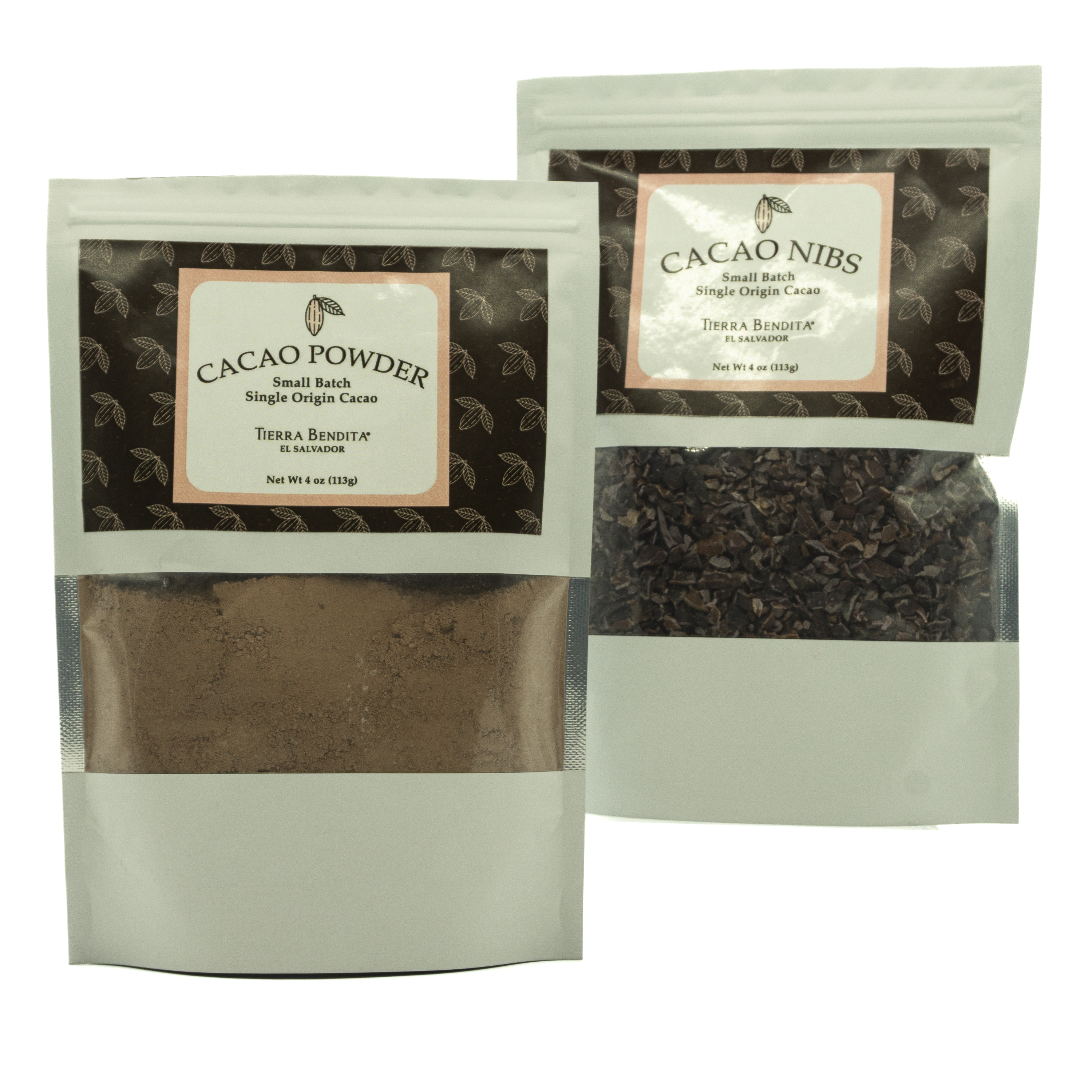 Two packages of cacao powder and cacao nibs on a white background