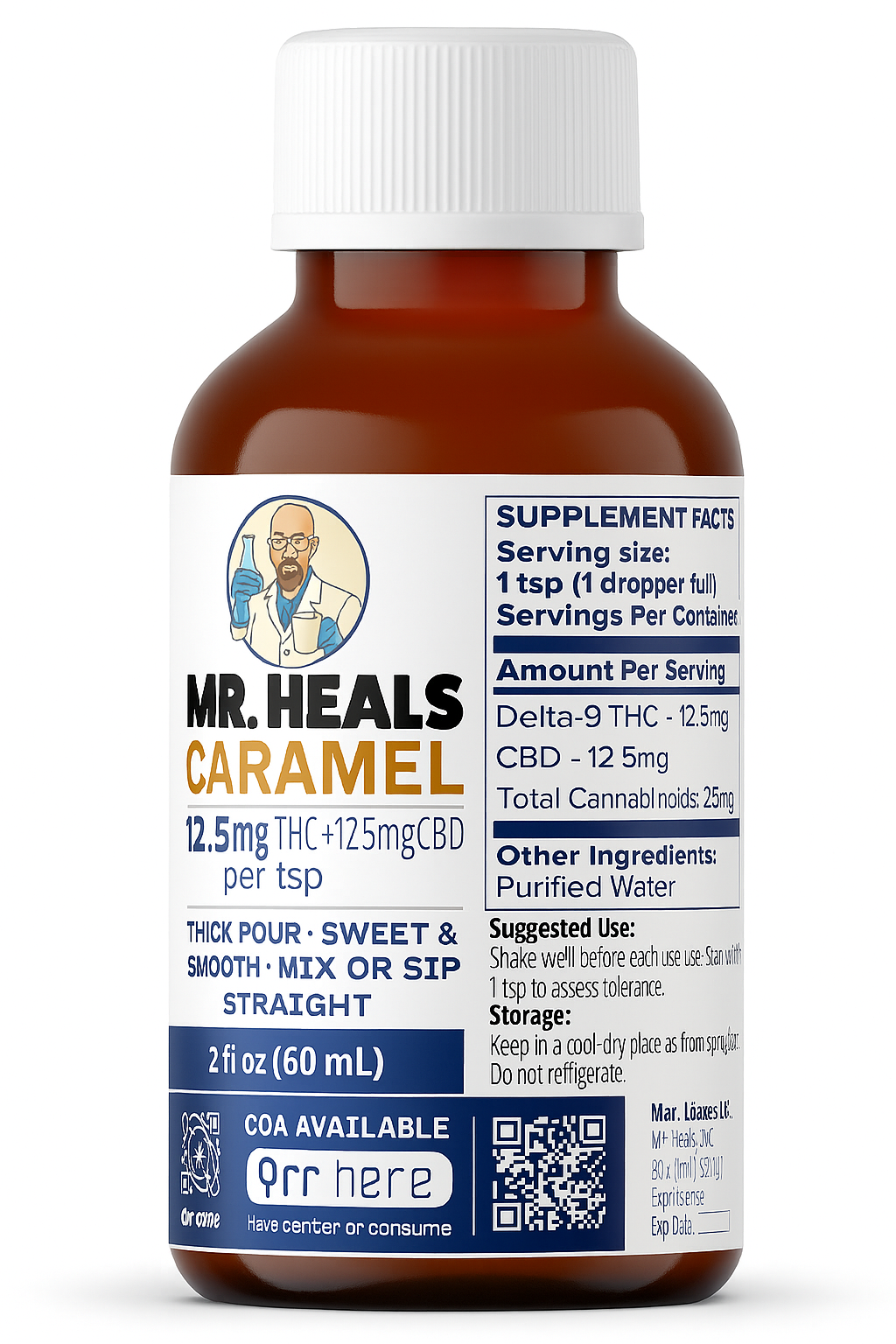 Bottle of Mr. Heals Caramel supplement with label on a white background
