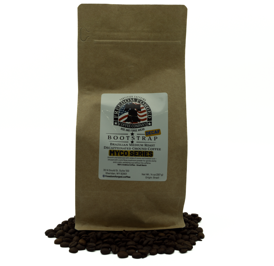 Brown paper coffee bag with a label on a white background