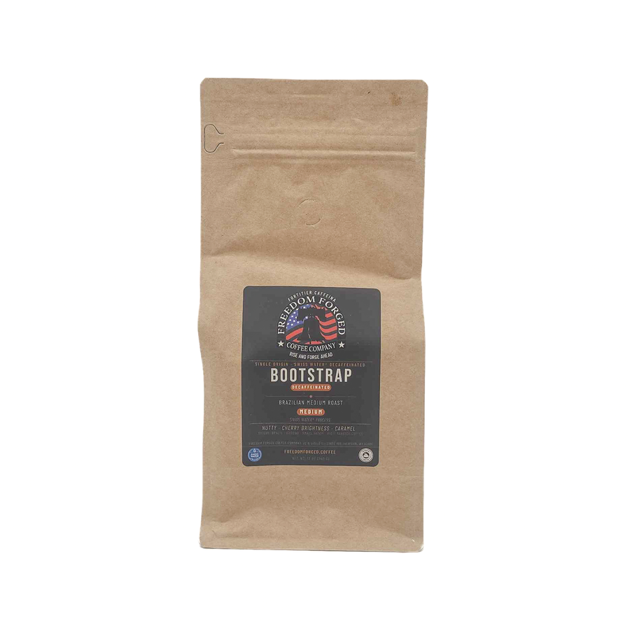Bootstrap Decaffeinated coffee bag, single-origin Brazilian medium roast Swiss Water Process with nutty, cherry brightness, and caramel notes from Freedom Forged Coffee