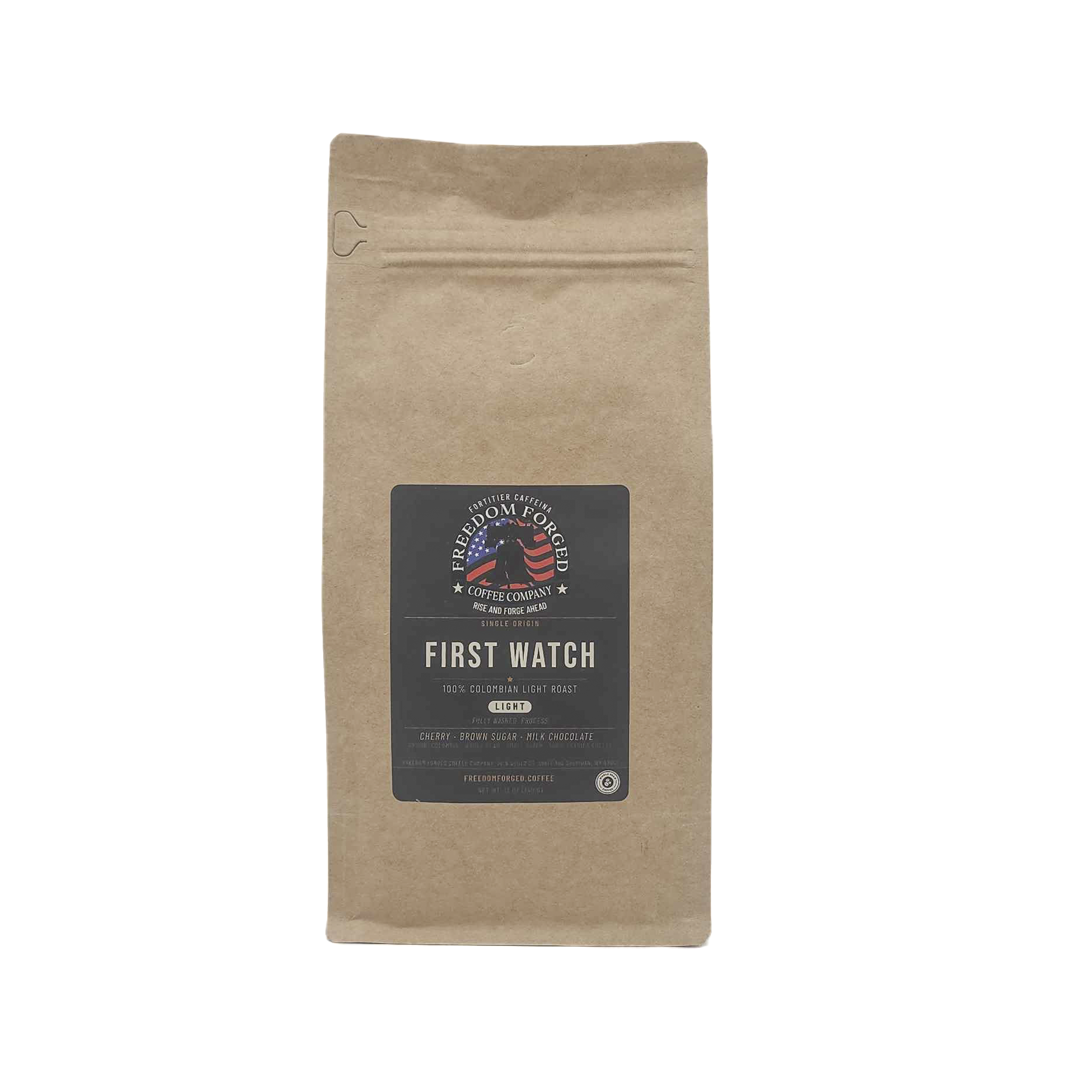 First Watch 100% Colombian Light Roast coffee bag, single-origin fully washed Colombian coffee with cherry, brown sugar, and milk chocolate notes from Freedom Forged Coffee