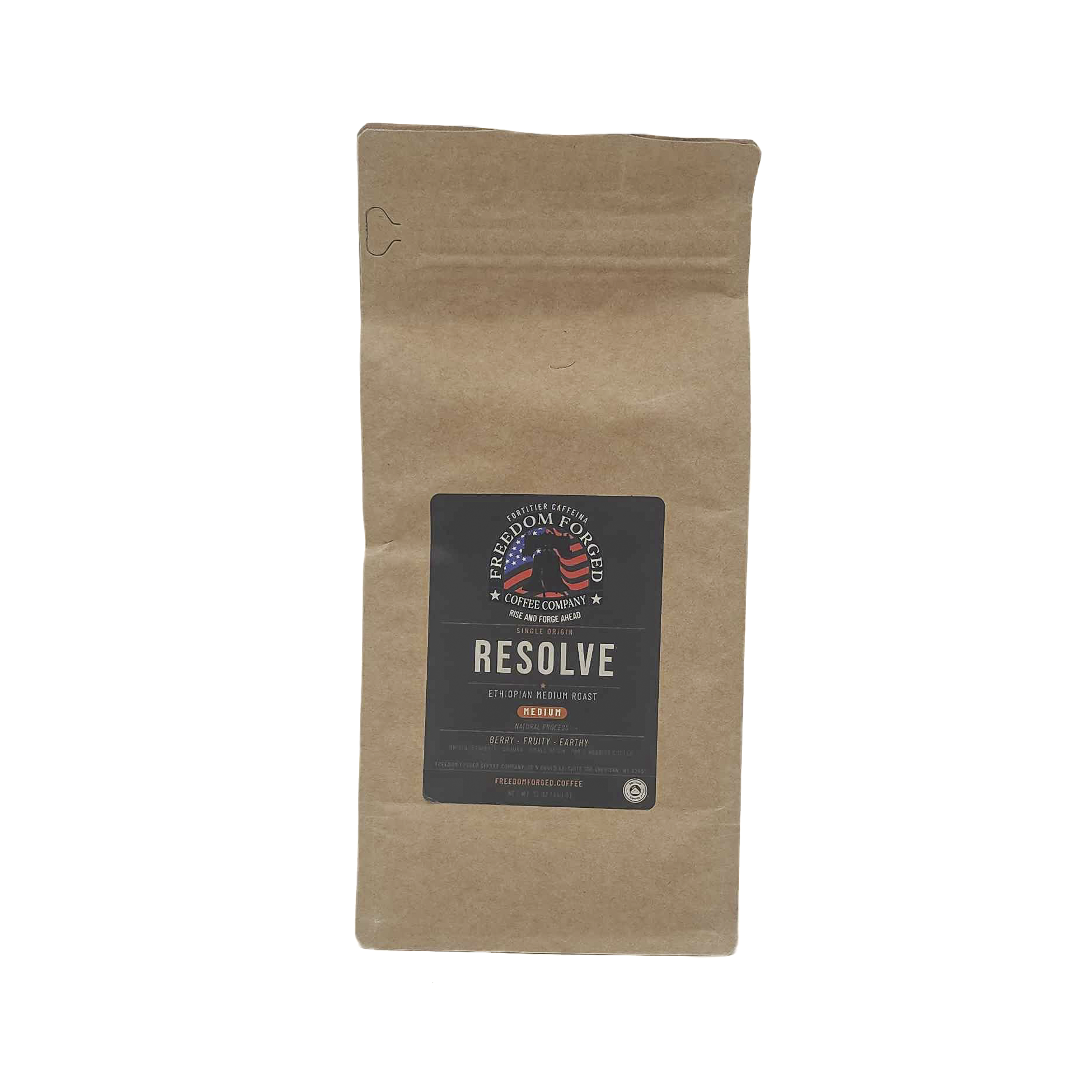 Resolve Ethiopian Medium Roast coffee bag, single-origin natural-process Ethiopian coffee with berry, fruity, and earthy notes from Freedom Forged Coffee